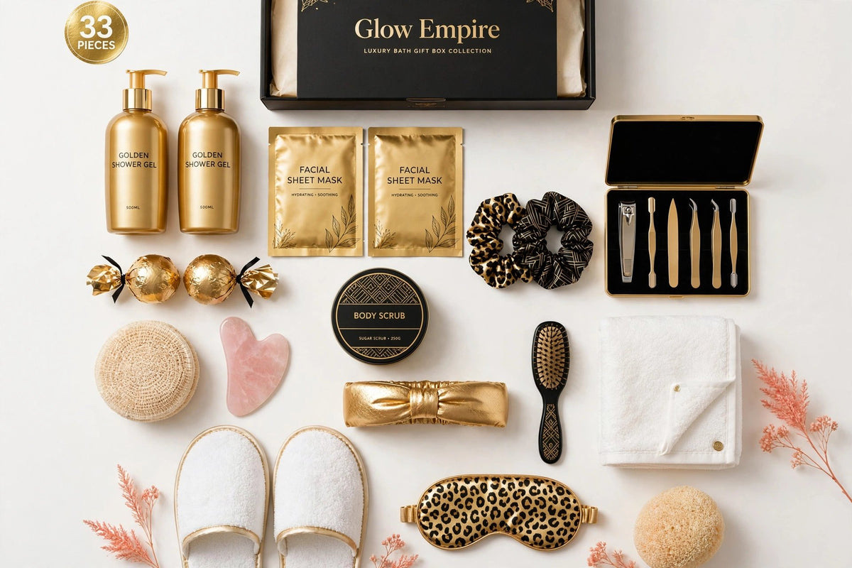 Luxury Bath Gift Box Collection Guide - gold and black luxury bath gift box flatlay